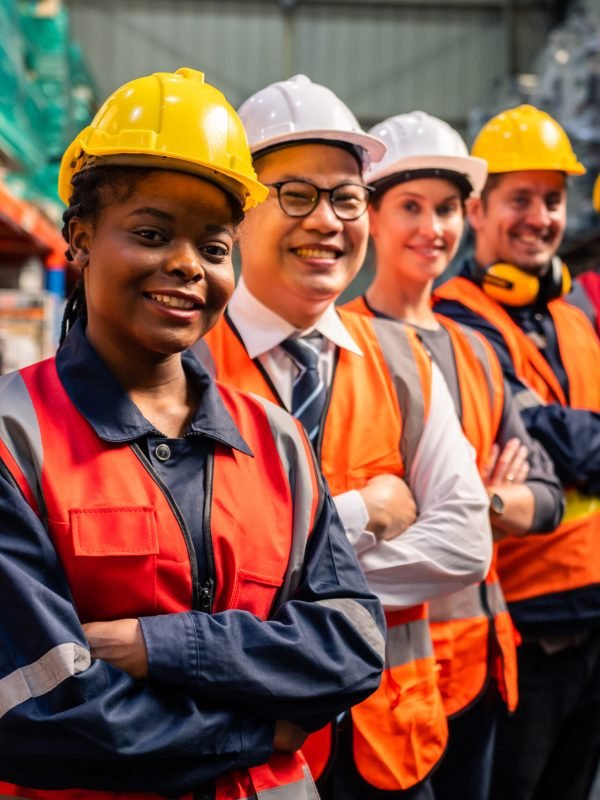 Portrait group of diverse industry worker working in factory warehouse. Young industrial engineer people process orders and product together at manufacturing plant then crossing arm with confidence.